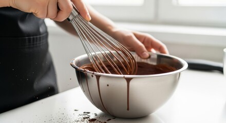 A whisk beats glossy chocolate in a metal bowl, splattering tiny flecks from energetic mixing.