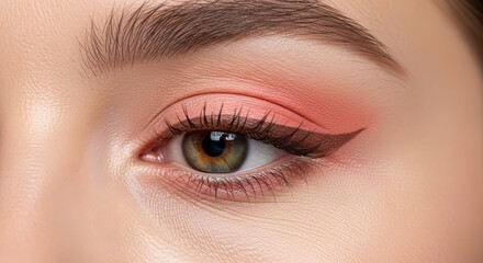 Obraz premium Close-up of eye with pink eyeshadow and winged eyeliner on young caucasian female