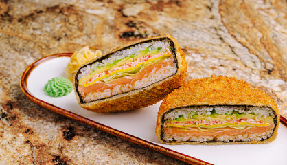 Unique sushi creation with crispy coating served on a plate