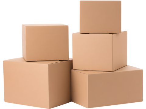Stack of brown cardboard boxes isolated on transparent background, perfect for packaging and delivery visuals..