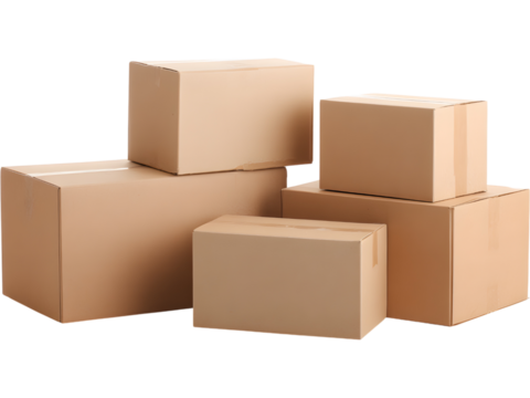 Stack of brown cardboard boxes isolated on transparent background, perfect for packaging and delivery visuals..