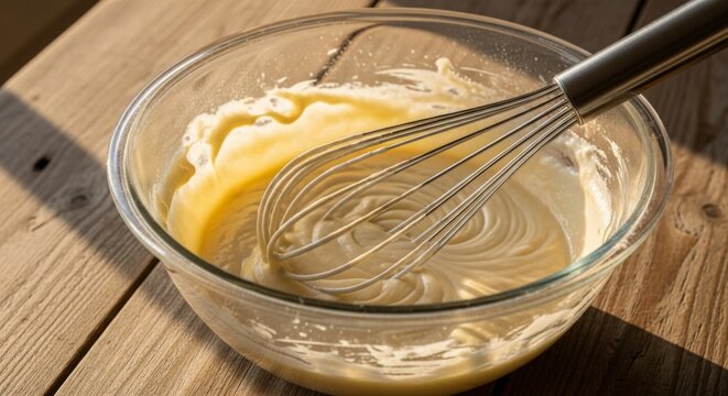 Smooth cake batter swirls in a glass bowl as a whisk blends the ingredients in warm daylight.