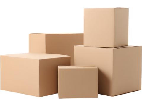 Stack of brown cardboard boxes isolated on transparent background, perfect for packaging and delivery visuals..