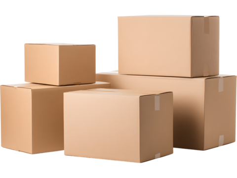 Stack of brown cardboard boxes isolated on transparent background, perfect for packaging and delivery visuals..