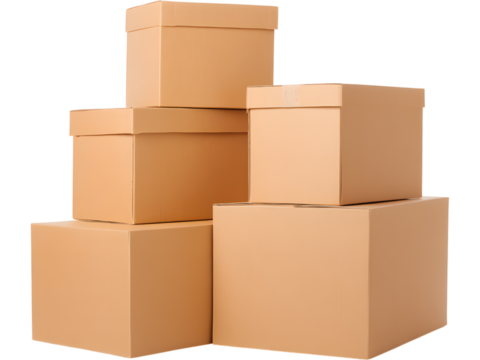 Stack of brown cardboard boxes isolated on transparent background, perfect for packaging and delivery visuals..