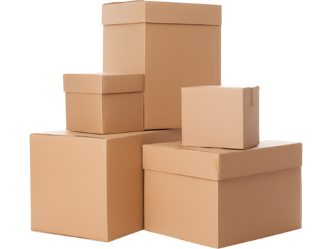 Stack of brown cardboard boxes isolated on transparent background, perfect for packaging and delivery visuals..