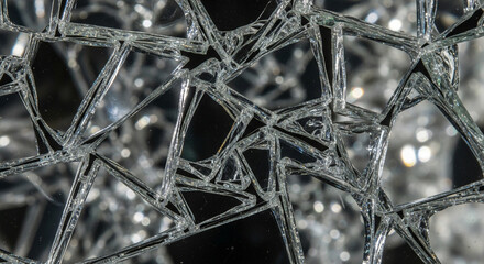 Close up of broken glass pieces with sharp edges and shattered fragments