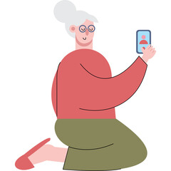 Elderly Woman With White Hair And Glasses Wearing Red Top And Green Skirt Taking A Selfie With Her Smartphone Showing A Profile Icon With A Transparent Background