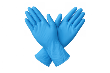 Blue medical examination gloves crossing, symbolizing protection, healthcare, hygiene, and safety, on transparent background