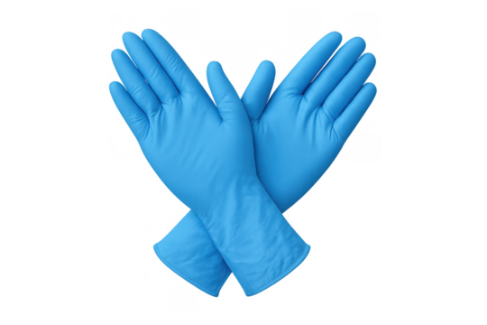 Blue medical examination gloves crossing, symbolizing protection, healthcare, hygiene, and safety, on transparent background