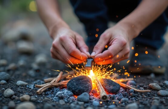 Young man starts fire with flint, steel outdoors. Hot bright sparks fly over dry tinder, small sticks on dark rocky ground in wild nature. Primitive method teaches essential survival skills. Hands