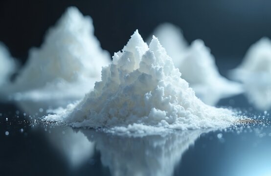 White powder forms abstract model shapes on dark reflective surface. Modern material used in 3D printing tech to create innovative prototypes for various industries. Represents advanced industrial