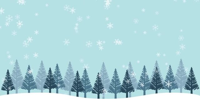 Falling Snow and Pine Forest Winter Landscape on Blue Background. Christmas and Happy Holidays.