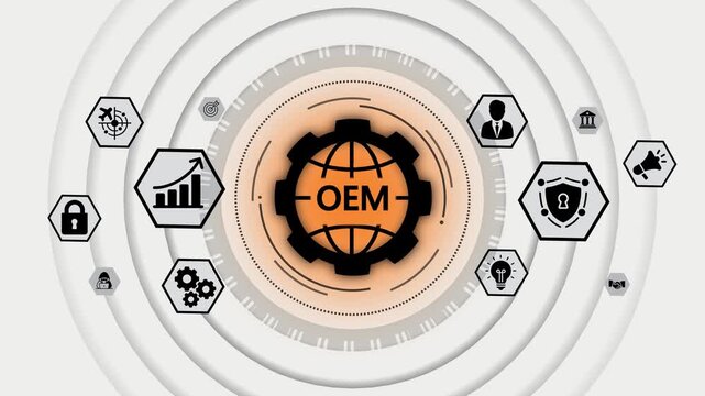 Global O E M business strategy concept with interconnected icons representing innovation security growth partnership and target achievement digital technology network visualization