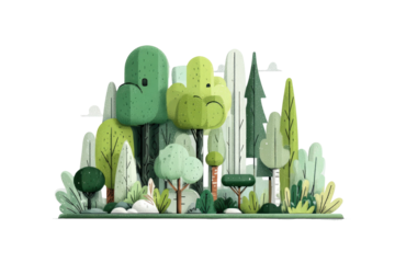 Stylized flat forest with varied green trees, graphic