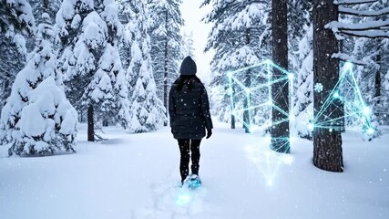 A person walks through a snow-covered forest with glowing geometric shapes - Powered by Adobe
