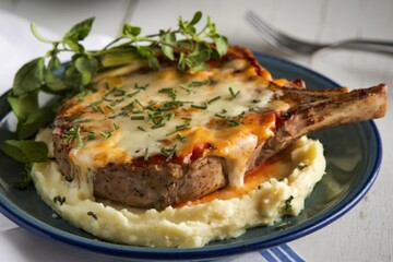 A close-up shot of a sizzling pork chop dish with melted cheese