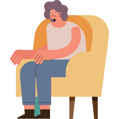 Elderly Person Relaxing in a Yellow Armchair Wearing a Light Pink Top and Blue Pants