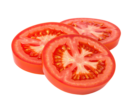 Sliced tomatoes, red flesh, seeds. Black background