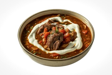 A photograph of a ceramic bowl filled with rich, hearty lamb stew