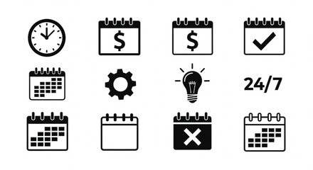 Collection of black calendar, clock, gear, idea, and schedule icons representing time management, planning, productivity, organization, business operations, and workflow tools.