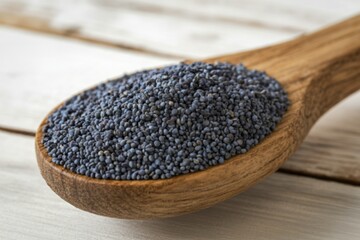 poppy seeds delicately nestled within a weathered wooden spoon