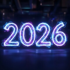 Glowing neon numbers 2026 in futuristic blue and purple light