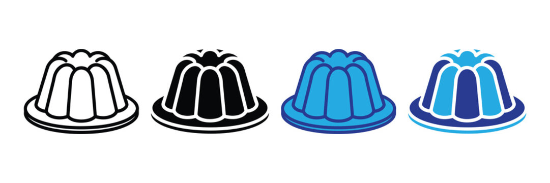 Jelly pudding mold dessert icon set with outline, solid, and blue color styles vector isolated on white background