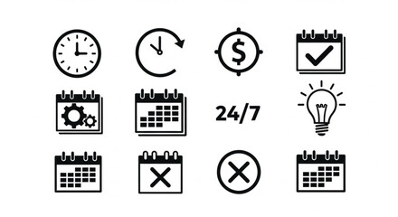 Set of black time, calendar, money, idea, settings, and schedule icons representing productivity, planning, workflow management, business operations, reminders, and organization.