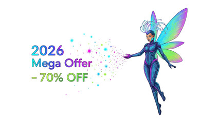 Mega Offer Fairy: A vibrant illustration showcases a fantastical fairy with iridescent wings, floating alongside bold text announcing a 2026 Mega Offer -70% Off . A captivating visual.