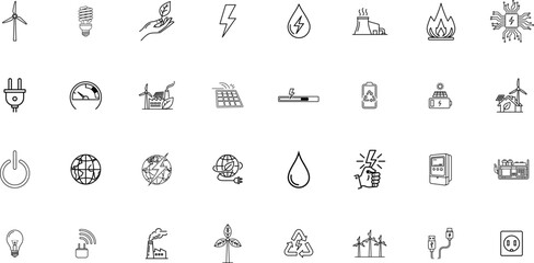 Energy icon set. Including Solar, Wind, Renewable, Battery, Green, Sustainable, Eco, Thermal, Hydro, Conservation. vector illustration