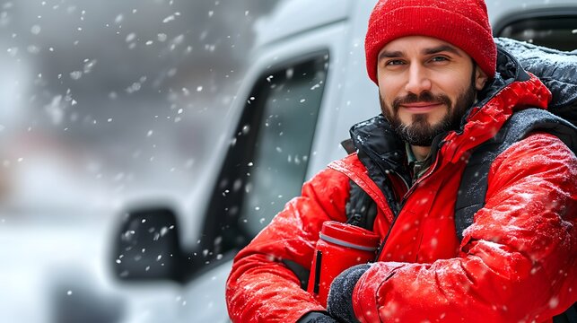 A man enjoys the winter weather, wearing a bright red jacket and a matching hat. Snowflakes fall around him as he stands next to a vehicle, ready for an outdoor adventure. - Powered by Adobe