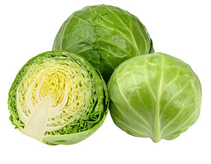 Fototapeta premium Three cabbages, one halved, layers visible. Fresh produce