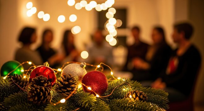 Festive Christmas table decoration with sparkling ornaments, pine cones, and warm fairy lights, with a blurred group of friends or family celebrating holidays in the background - Powered by Adobe