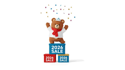 Bear sale for 2026 Celebration: A jubilant animated bear stands atop a stack of sale-labeled blocks, confetti raining down, signifying a celebratory sale for the year 2026. 