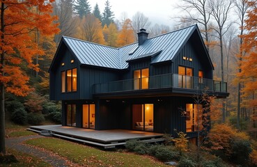 Modern dark house nested in autumn forest with glowing windows. Wood deck surrounds home. Colorful trees display fall foliage around property.