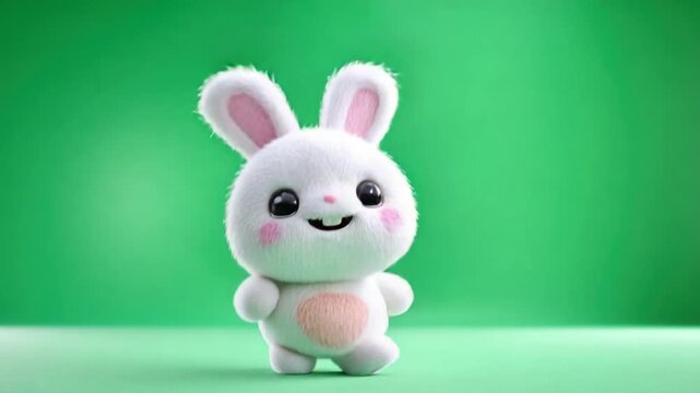 Adorable white bunny with pink ears, cheeks, and belly, set against a green background