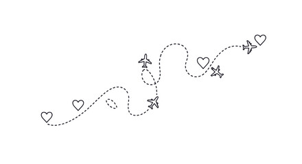 Illustration of a dotted line path with airplanes and hearts.