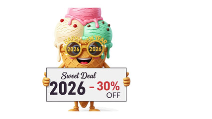 Sweet Ice Cream Deal: An anthropomorphic ice cream cone, proudly presents a Sweet Deal sign with a captivating offer. The image, bursting with color and charm.