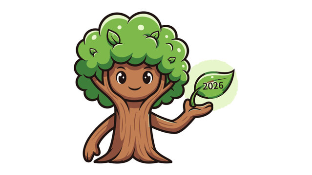 Friendly Tree: A cute cartoon tree figure, with a leafy crown, holds out a single leaf displaying the number '2016', a charming reminder of nature's gentle touch.