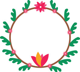 Floral wreath border frame decoration with green leaves and pink flowers vector illustration pattern design 