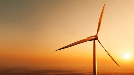 Fototapeta premium Golden Sunrise Over Wind Generator Blades Glowing Warmly in the Horizon Nature Photography Peaceful Environment Aerial Viewpoint Renewable Energy Concept