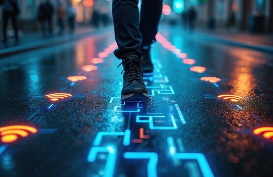 Person walks on wet city street marked with glowing wifi symbols and digital data lines. Connection signals are spread across the wet ground, reflecting city lights and blurred pedestrians.
