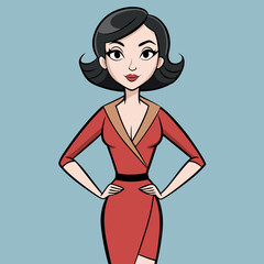 Stylized cartoon woman in red dress with hands on hips