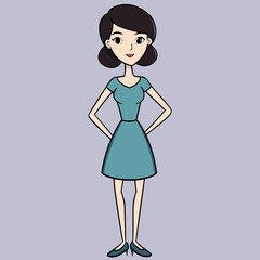 Cartoon woman standing confidently in a teal dress