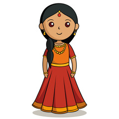 Cute cartoon girl in traditional indian attire with jewelry