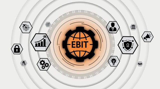Global business finance analytics concept with E B I T earnings before interest and taxes financial performance growth strategy and security icons surrounding a central gear and globe graphic