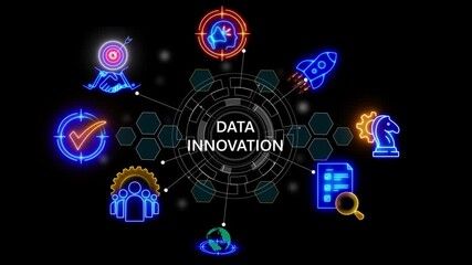 data innovation text .internet and networking concept,  technology matrix global security with digital spot light and stretch background glowing 4k video animation - Powered by Adobe