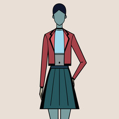 Modern woman in stylish red jacket and teal skirt