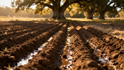 Close-up of freshly tilled and irrigated farmland furrows filled with water, stretching towards large, sun-drenched trees in the hazy background at sunset.
